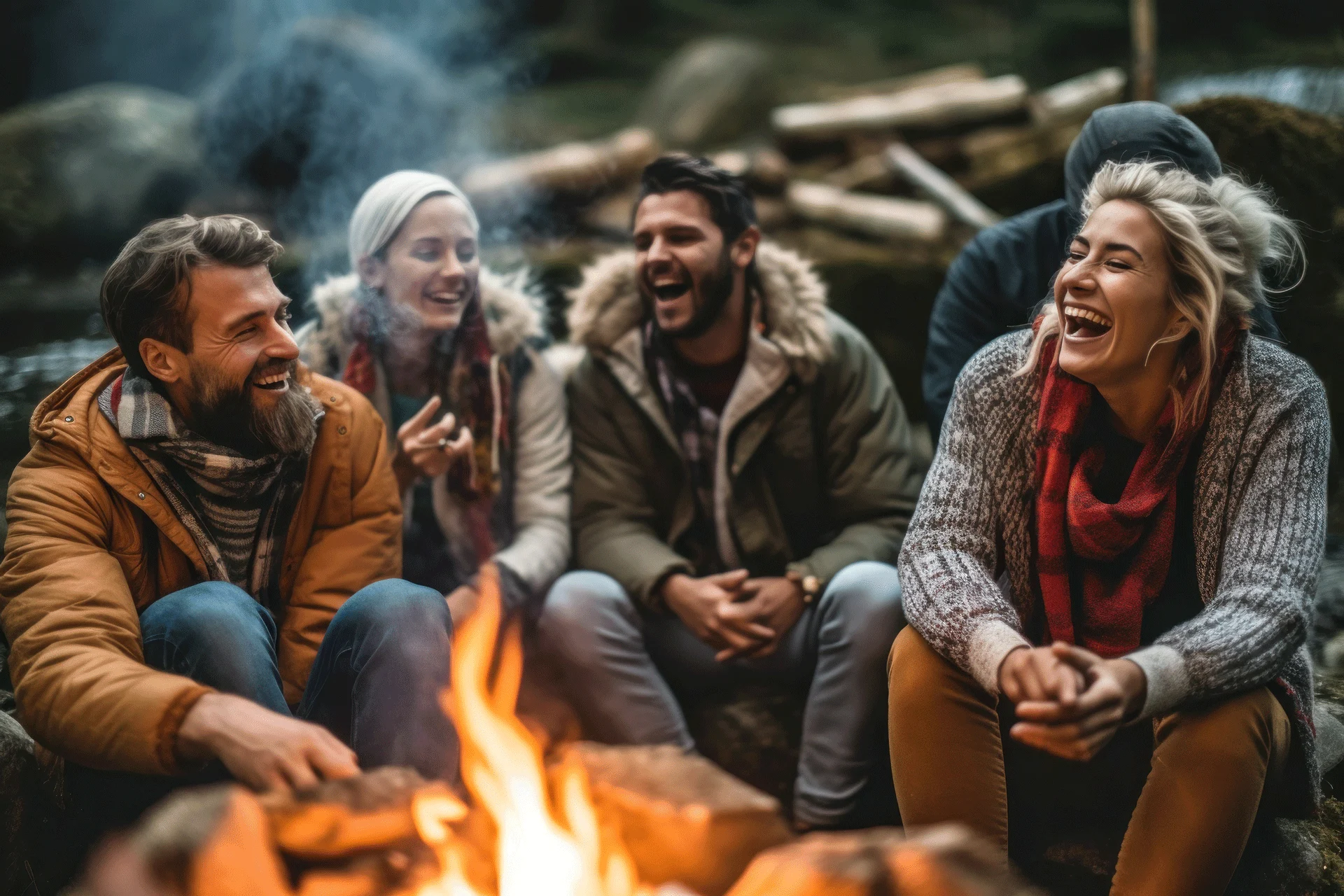 joyful friends laughing around a campfire, a moment of relaxation and social support