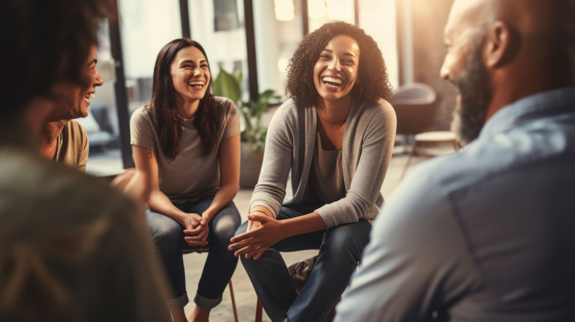 Joyful diverse group in a support circle, possibly for PTSD recovery and community healing Group of adults smiling and engaging in cognitive therapy session