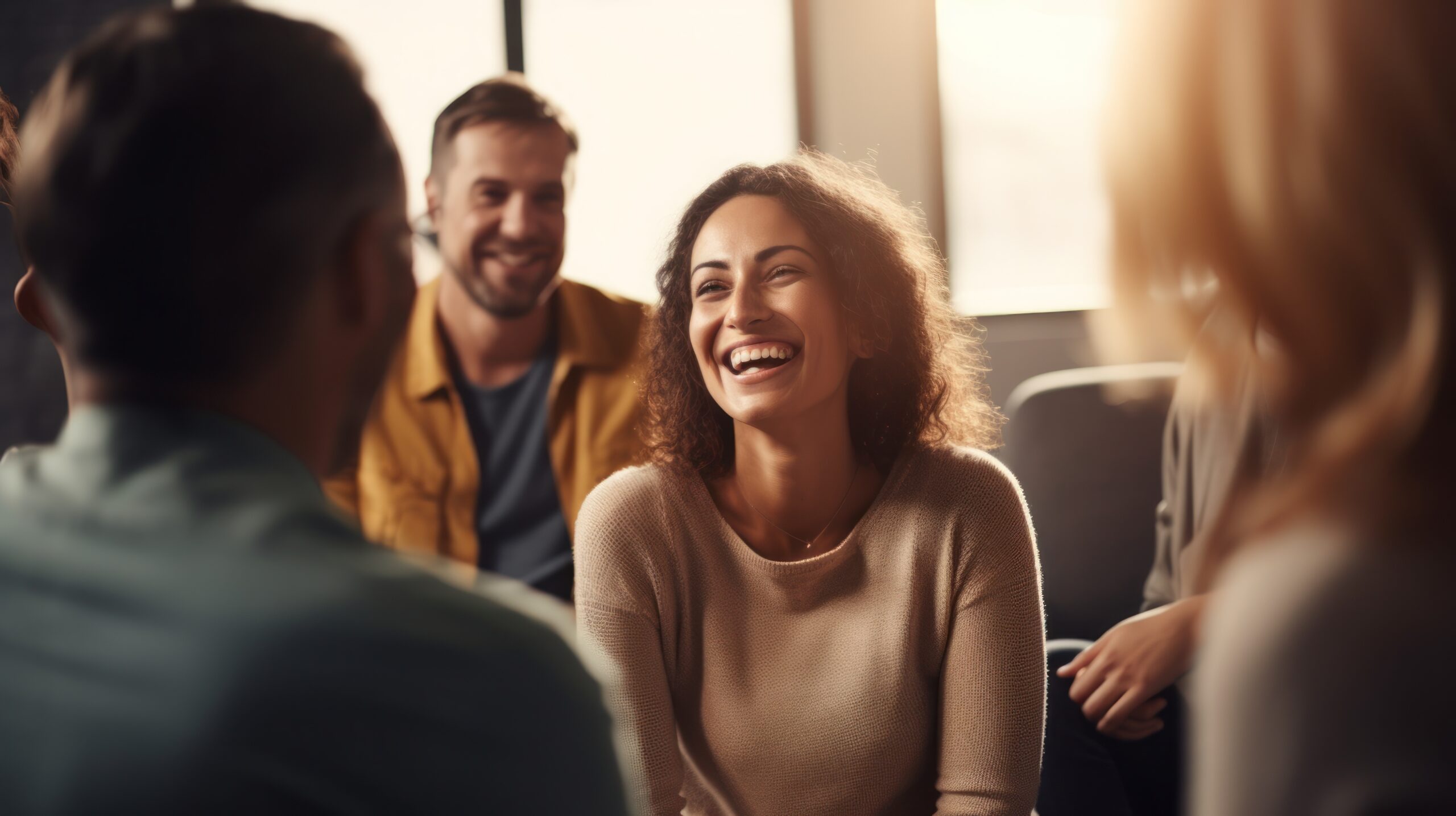 Group Therapy Session With Smiling Woman, Promoting A Positive Environment For Anxiety Treatment group therapy session with smiling woman, promoting a positive environment for anxiety treatment
