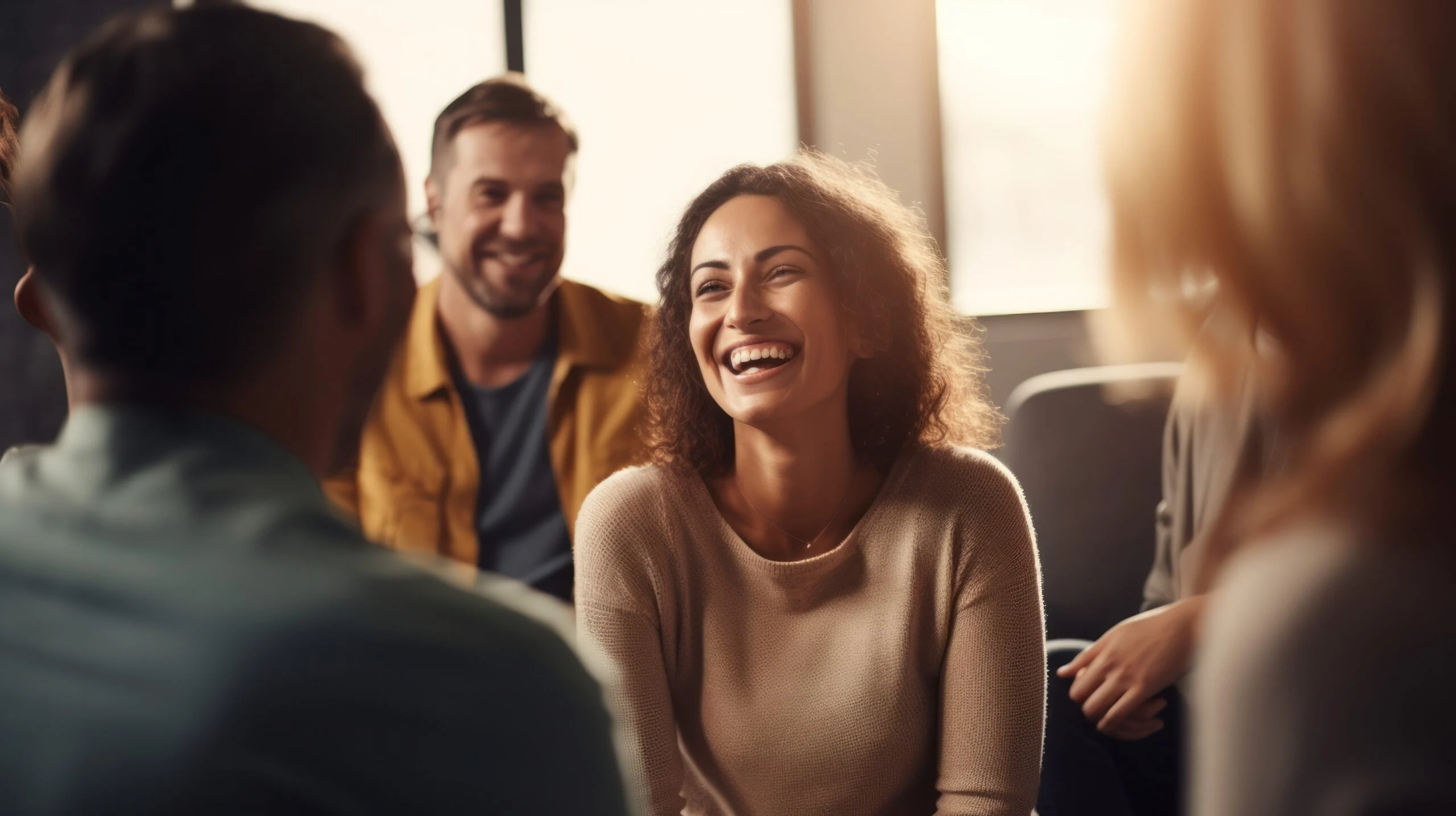 group therapy session with smiling woman, promoting a positive environment for anxiety treatment