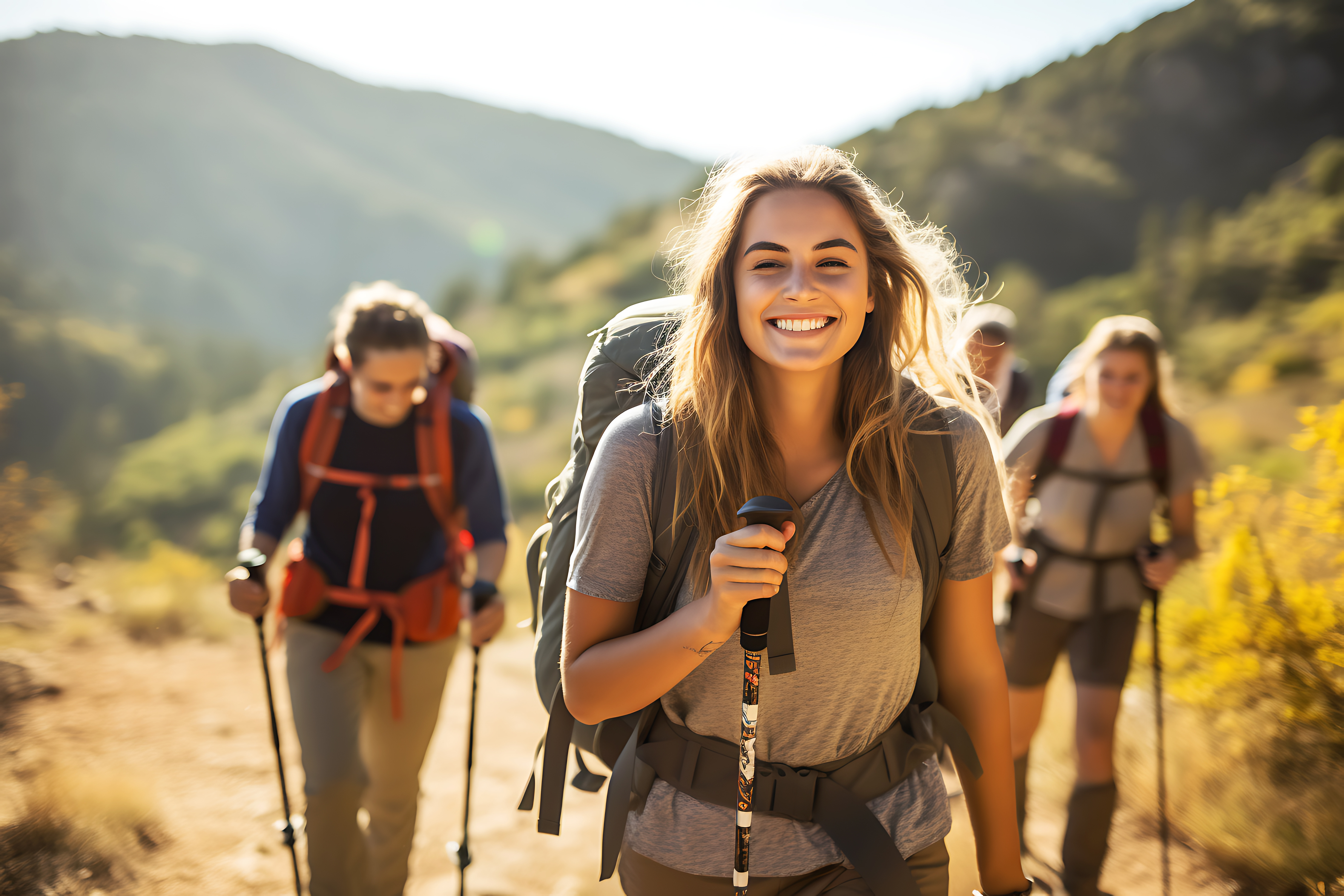 Smiling hikers engaging in wilderness therapy covered by insurance for mental health treatment