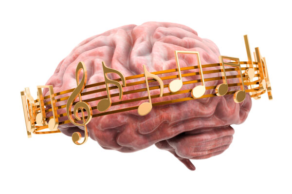 Diagram showing brain regions like the memory and mood regulation centers activated by music therapy, illustrating the cognitive impact of rhythm and sound