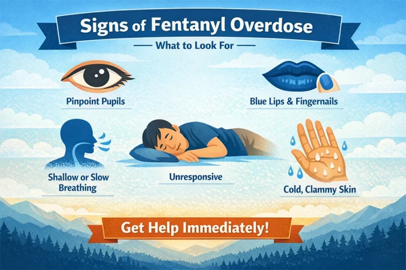 infographic showing common signs of fentanyl overdose, including breathing problems and physical warning signs.