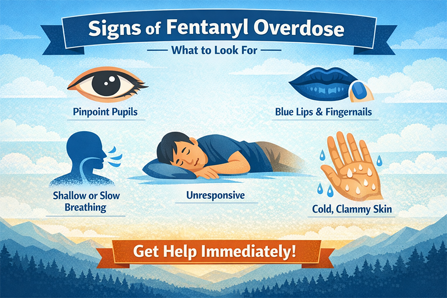 infographic showing common signs of fentanyl overdose, including breathing problems and physical warning signs.