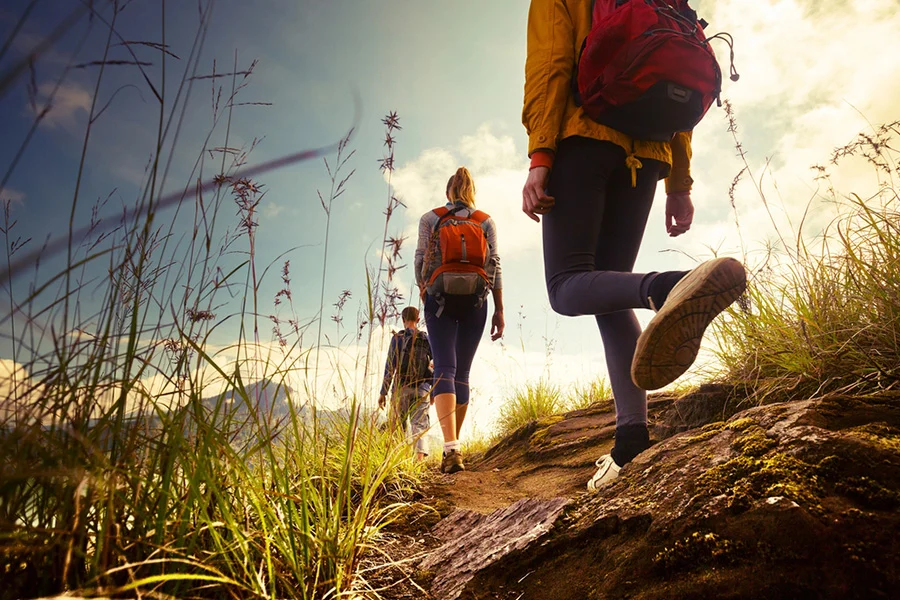 low-angle shot of hikers with backpacks walking up a grassy mountain trail during a bright, sunny day.
