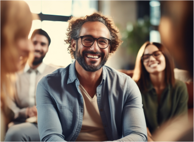 Man engaging happily in a group therapy conversation