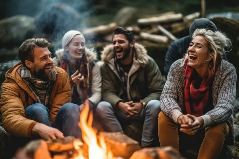 trauma survivors embrace the healing power of the wilderness, sharing smiles and camaraderie around a campfire.